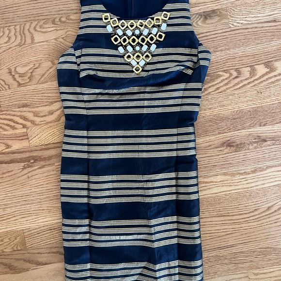 Metallic Navy and Gold Striped Dress - Picture 2 of 5